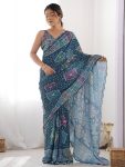 FANCY GEORGETTE SILK PRINTED WITH MIRROR WORK BORDER SAREE WITH UNSTITCHED BLOUSE TEAL