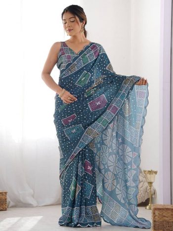 FANCY GEORGETTE SILK PRINTED WITH MIRROR WORK BORDER SAREE WITH UNSTITCHED BLOUSE TEAL