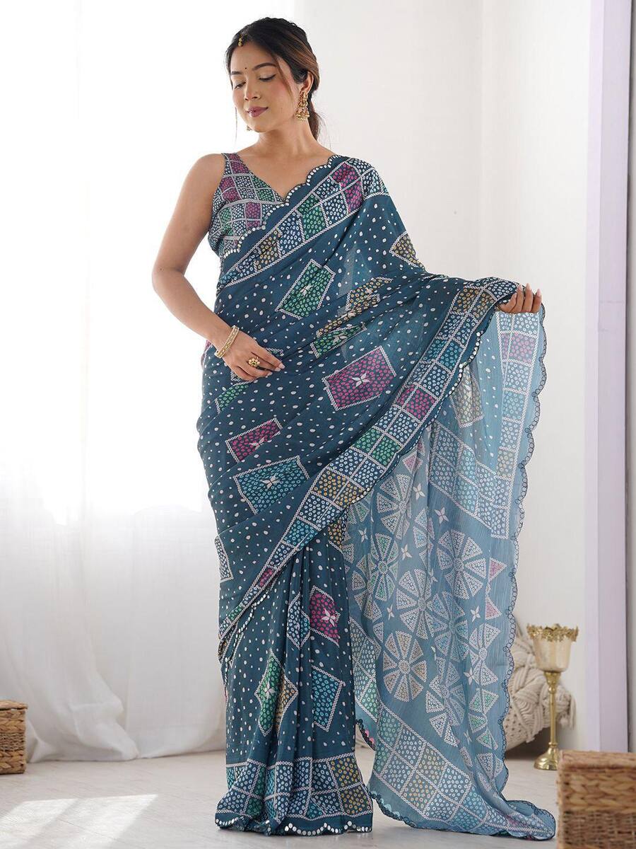 FANCY GEORGETTE SILK PRINTED WITH MIRROR WORK BORDER SAREE WITH UNSTITCHED BLOUSE PARTY WEAR WHOLESALE PRICE ETHNIC GARMENT (8)