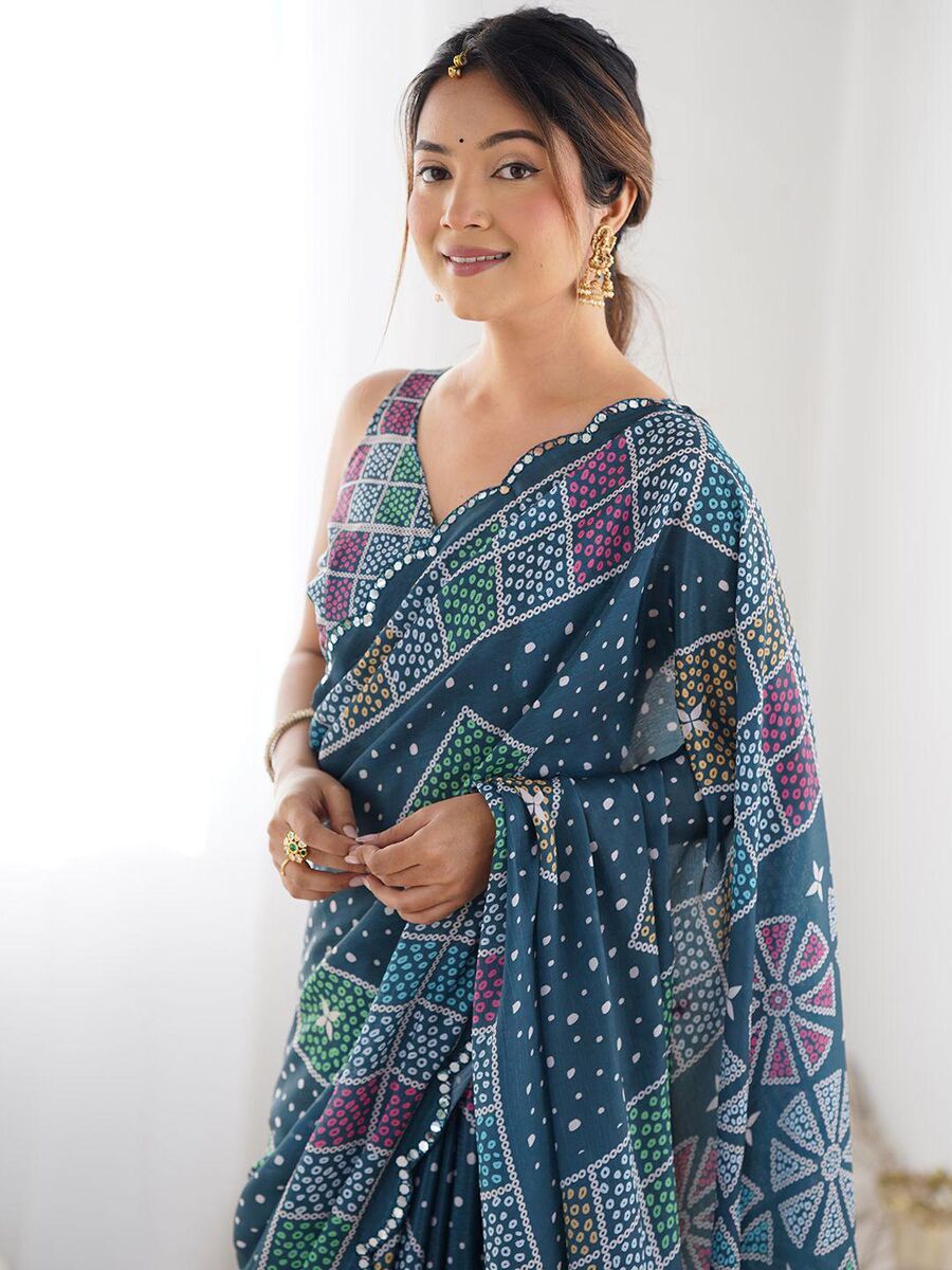 FANCY GEORGETTE SILK PRINTED WITH MIRROR WORK BORDER SAREE WITH UNSTITCHED BLOUSE PARTY WEAR WHOLESALE PRICE ETHNIC GARMENT (9)