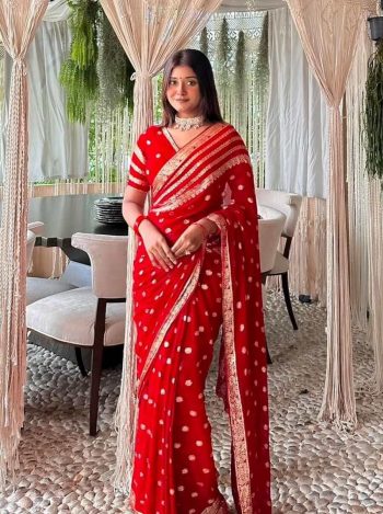 FANCY GEORGETTE WEAVING ZARI WORK SAREE WITH UNSTITCHED BLOUSE RED