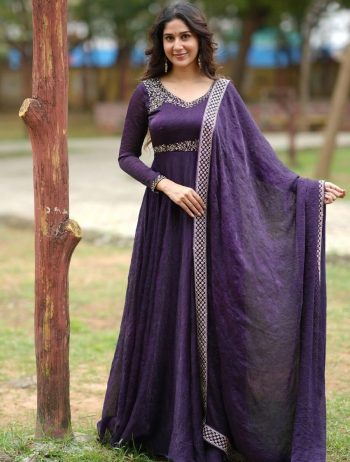 FANCY GOLD CRUSHED SILK THREAD AND SEQUENCE EMBROIDERY WORK GOWN WITH DUPATTA PURPLE