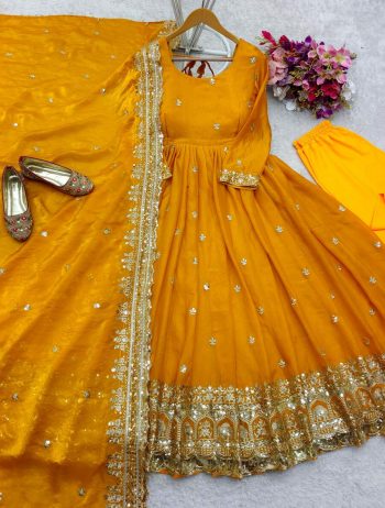 FANCY JIMMY CHOO EMBROIDERY SEQUENCE MOTI LACE WORK ANARKALI GOWN BOTTOM WITH DUPATTA YELLOW