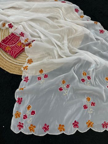 FANCY JIMMY CHOO HANDWORK FLOWER DESIGN SAREE WITH UNSTITCHED BLOUSE WHITE