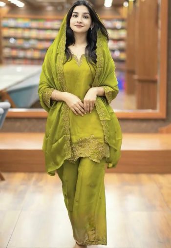 FANCY JIMMY CHOO SILK EMBROIDERY SEQUENCE WORK TOP PALAZZO WITH DUPATTA PARROT GREEN