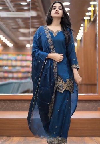FANCY JIMMY CHOO SILK EMBROIDERY SEQUENCE WORK TOP PALAZZO WITH DUPATTA BLUE