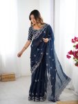 FANCY JIMMY CHOO THREAD SEQUENCE WORK SAREE WITH UNSTITCHED BLOUSE NAVY BLUE