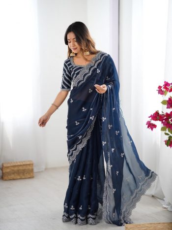FANCY JIMMY CHOO THREAD SEQUENCE WORK SAREE WITH UNSTITCHED BLOUSE NAVY BLUE