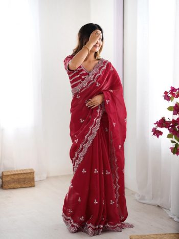 FANCY JIMMY CHOO THREAD SEQUENCE WORK SAREE WITH UNSTITCHED BLOUSE RED