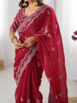 FANCY JIMMY CHOO THREAD SEQUENCE WORK SAREE WITH UNSTITCHED BLOUSE PARTY WEAR WHOLESALE PRICE ETHNIC GARMENT (5)
