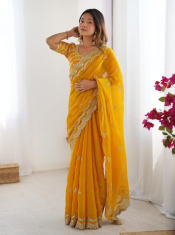 FANCY JIMMY CHOO THREAD SEQUENCE WORK SAREE WITH UNSTITCHED BLOUSE YELLOW