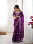 FANCY JIMMY CHOO THREAD SEQUENCE WORK SAREE WITH UNSTITCHED BLOUSE PARTY WEAR WHOLESALE PRICE ETHNIC GARMENT(27)