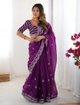 FANCY JIMMY CHOO THREAD SEQUENCE WORK SAREE WITH UNSTITCHED BLOUSE PURPLE