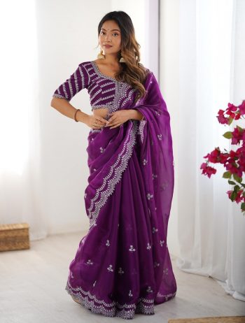 FANCY JIMMY CHOO THREAD SEQUENCE WORK SAREE WITH UNSTITCHED BLOUSE PURPLE