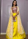 FANCY KASTURI SILK PLAIN LEHENGA WITH FOIL MIRROR WORK AND THREAD WORK CHOLI AND SHRUG YELLOW