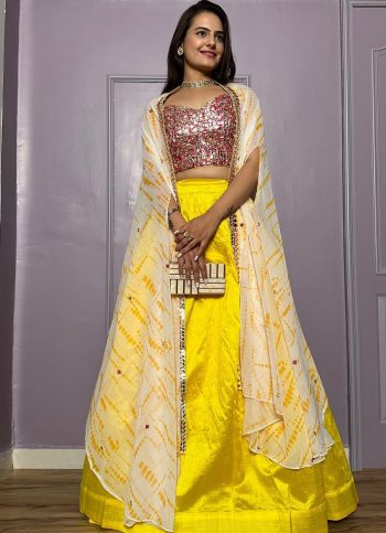 FANCY KASTURI SILK PLAIN LEHENGA WITH FOIL MIRROR WORK AND THREAD WORK CHOLI AND SHRUG YELLOW