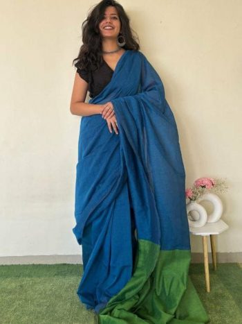 FANCY KHADI COTTON PLAIN SAREE WITH CONTRAST UNSTITCHED BLOUSE SKY