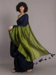 FANCY KHADI COTTON PLAIN SAREE WITH CONTRAST UNSTITCHED BLOUSE NAVY BLUE