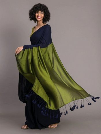 FANCY KHADI COTTON PLAIN SAREE WITH CONTRAST UNSTITCHED BLOUSE NAVY BLUE