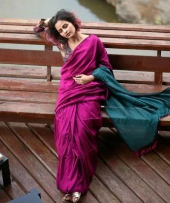 FANCY KHADI COTTON PLAIN SAREE WITH CONTRAST UNSTITCHED BLOUSE RANI