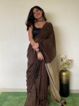 FANCY KHADI COTTON PLAIN SAREE WITH CONTRAST UNSTITCHED BLOUSE BROWN