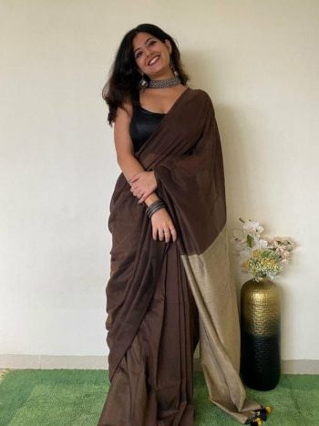 FANCY KHADI COTTON PLAIN SAREE WITH CONTRAST UNSTITCHED BLOUSE BROWN
