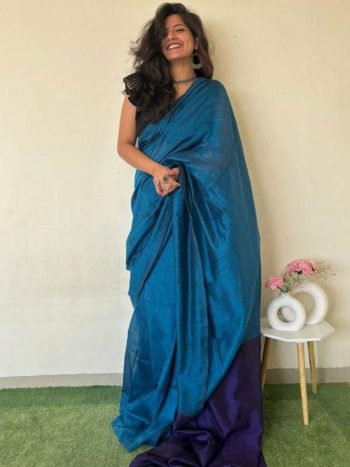 FANCY KHADI COTTON PLAIN SAREE WITH CONTRAST UNSTITCHED BLOUSE SKY