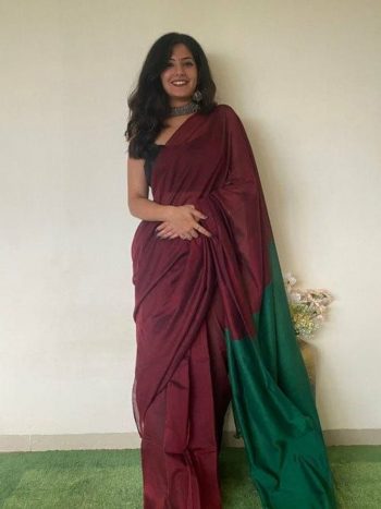 FANCY KHADI COTTON PLAIN SAREE WITH CONTRAST UNSTITCHED BLOUSE MAROON