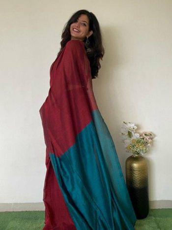 FANCY KHADI COTTON PLAIN SAREE WITH CONTRAST UNSTITCHED BLOUSE MAROON