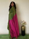 FANCY KHADI COTTON PLAIN SAREE WITH CONTRAST UNSTITCHED BLOUSE PARROT GREEN