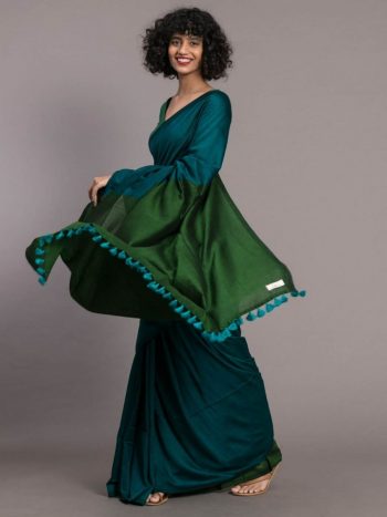 FANCY KHADI COTTON PLAIN SAREE WITH CONTRAST UNSTITCHED BLOUSE RAMA
