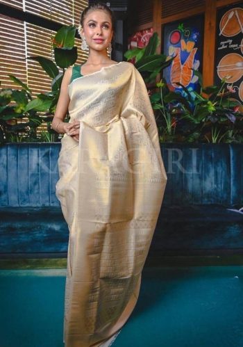 FANCY LICHI SILK JACQUARD WEAVING WORK SAREE WITH UNSTITCHED BLOUSE CHIKU