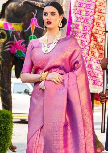 FANCY LICHI SILK JACQUARD WEAVING WORK SAREE WITH UNSTITCHED BLOUSE PINK