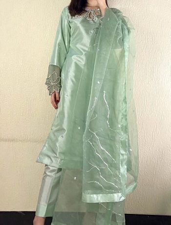FANCY MOSS SATIN EMBROIDERY WITH BEADS AND SEQUENCE WORK TOP BOTTOM WITH DUPATTA MINT