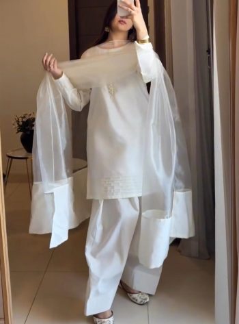 FANCY MOSS SATIN SILK PLAIN PEARL BUTTON WORK TOP PATIYALA WITH DUPATTA WHITE