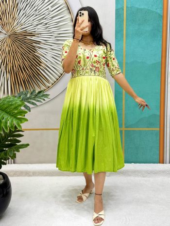 FANCY MUL MUL COTTON EMBROIDERY THREAD WORK ONEPIECE DRESS  PARROT GREEN