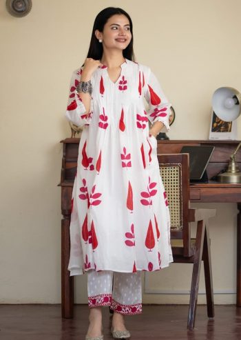 FANCY MULMUL COTTON HAND-BLOCK PRINTED TOP PANT SET WHITE
