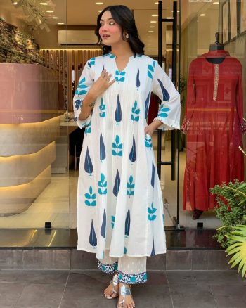 FANCY MULMUL COTTON HAND-BLOCK PRINTED TOP PANT SET WHITE