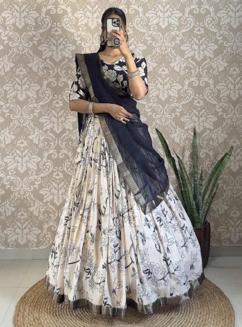 FANCY MUSLIN SILK DIGITAL PRINTED WITH JACQUARD LACE WORK LEHENGA CHOLI WITH DUPATTA  BLACK