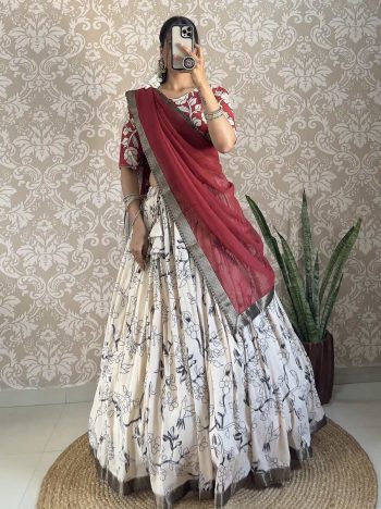 FANCY MUSLIN SILK DIGITAL PRINTED WITH JACQUARD LACE WORK LEHENGA CHOLI WITH DUPATTA  MAROON