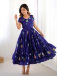 FANCY MUSLIN SILK FLORAL PRINTED AND BOTTOM SIDE DUBLE FRILL WORK ONE PIECE DRESS  PURPLE