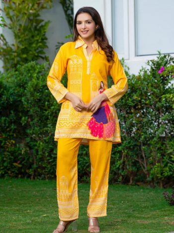 FANCY MUSLIN SILK PRINTED CO-ORD SET YELLOW