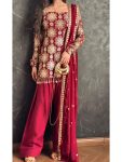 FANCY NATURAL CREEP SEQUENCE EMBROIDERY WORK AND GOLDEN COIN LACE WORK TOP PATIYALA WITH DUPATTA MAROON