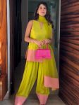 FANCY NATURAL CREEP SILK WITH BORDER WORK TOP PATIYALA WITH DUPATTA PARROT GREEN