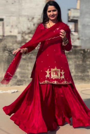 FANCY NATURAL CREPE EMBROIDERY SEQUENCE HANDWORK TOP LEHENGA WITH DUPATTA RED