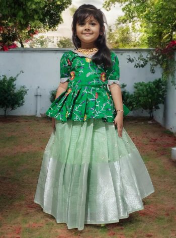 FANCY NYLON ORGANZA SILK MIRROR AND HEAVY  SILVER ZARI  BORDER WORK KID'S TOP LEHENGA GREEN