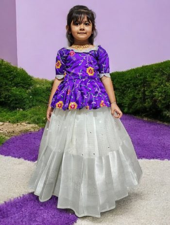 FANCY NYLON ORGANZA SILK MIRROR AND HEAVY  SILVER ZARI  BORDER WORK KID'S TOP LEHENGA PURPLE