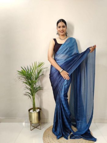 FANCY NYLON RIMZIM SHADED READY TO WEAR SAREE WITH UNSTITCHED BLOUSE BLUE