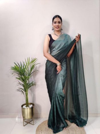 FANCY NYLON RIMZIM SHADED READY TO WEAR SAREE WITH UNSTITCHED BLOUSE GREEN