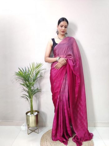 FANCY NYLON RIMZIM SHADED READY TO WEAR SAREE WITH UNSTITCHED BLOUSE PINK